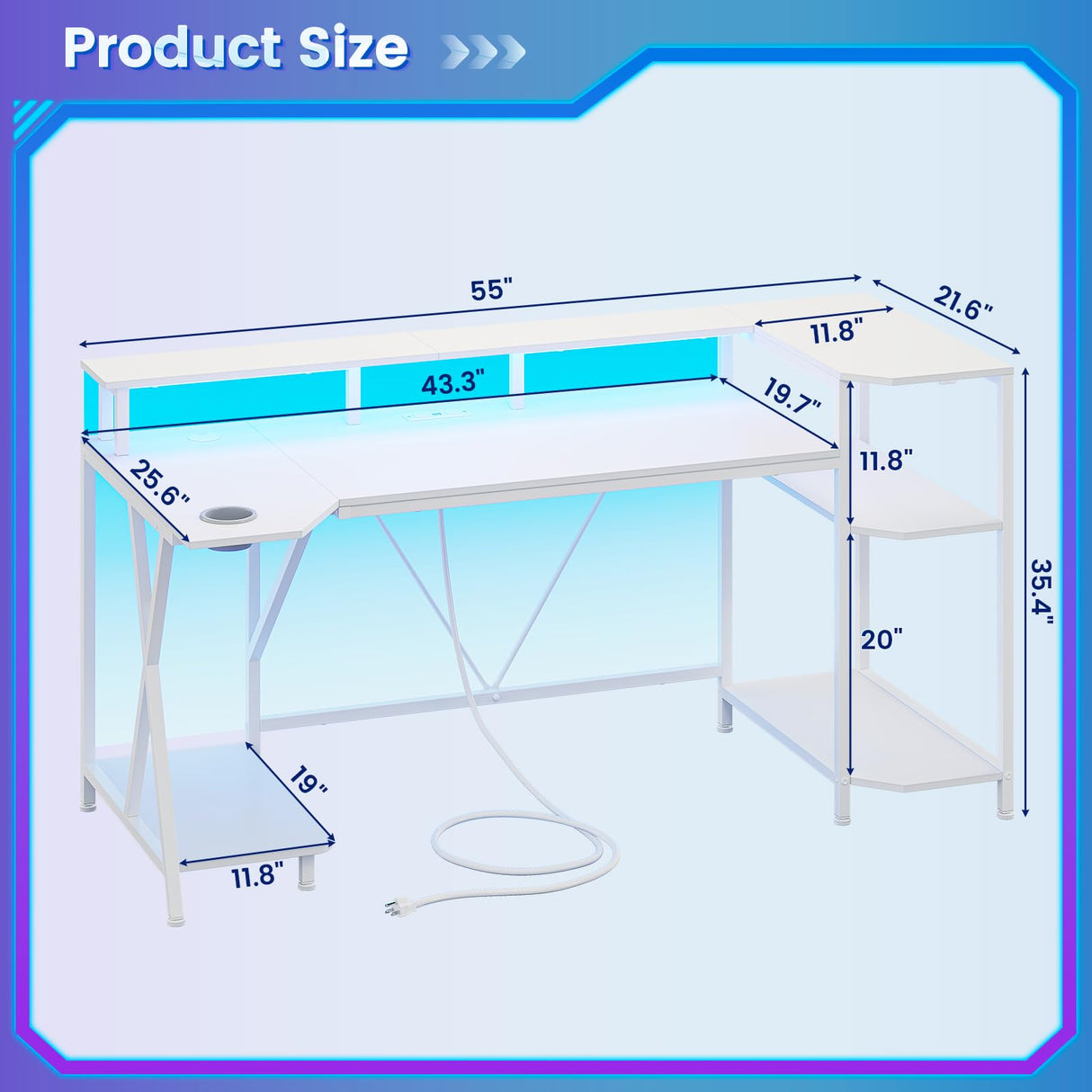 SEDETA White Gaming Desk 55'' with LED Lights and Storage Shelves, Computer Desk with Monitor Stand, Power Outlets and Cup Holder, Large PC Gamer Desk, Gaming Table for Bedroom, Living Room SEDETA