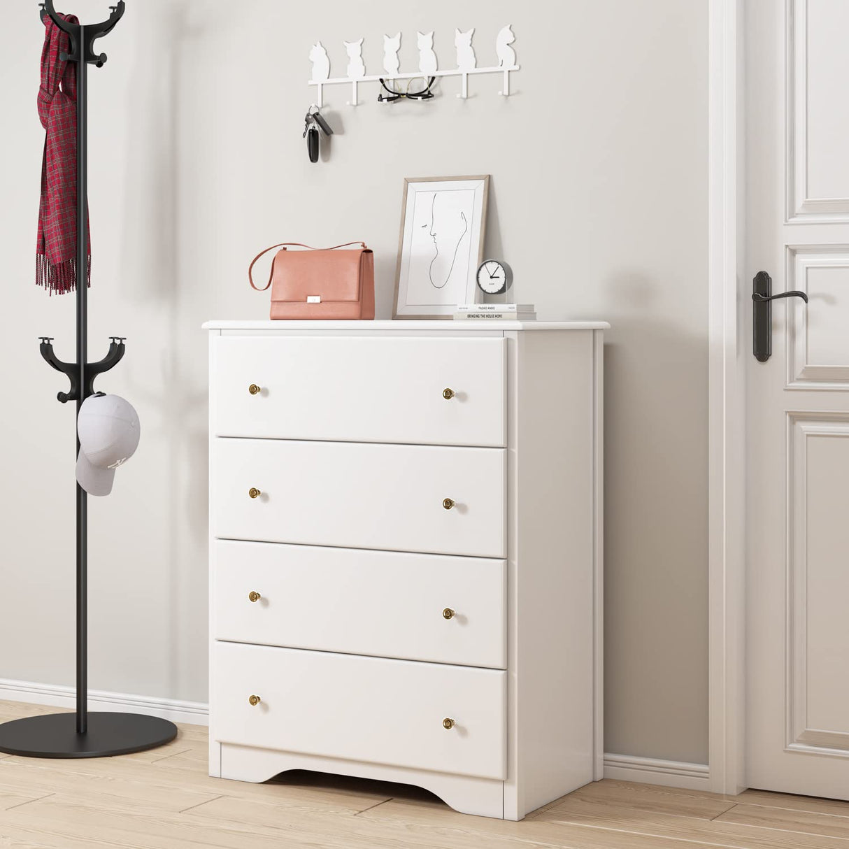 HOUSUIT White Dresser, 4 Drawer Dressers Chest of Drawers, Modern Tall Dresser, Wood Drawer Chest Storage Cabinet for Living Room, Hallway, Entryway, Home Office, Ivory White HOUSUIT