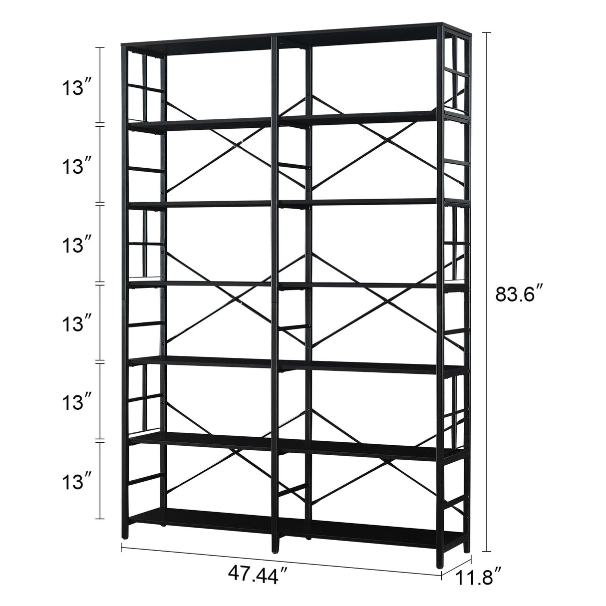 HOMISSUE 84" Double Wide Industrial 7-Tier Black Bookshelf with Open Shelves HOMISSUE