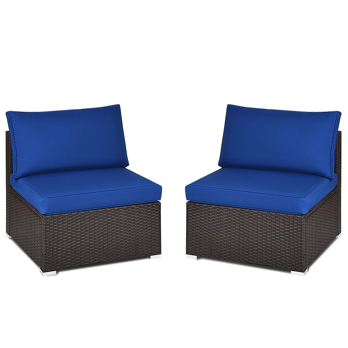 Tangkula 2 PCS Outdoor Wicker Armless Sofa, Patio Rattan Sectional Sofa Set w/2 Thick Seat Cushions and 2 Back Cushions, Additional Seats for Balcony Garden Patio Poolside (Navy Blue) Tangkula