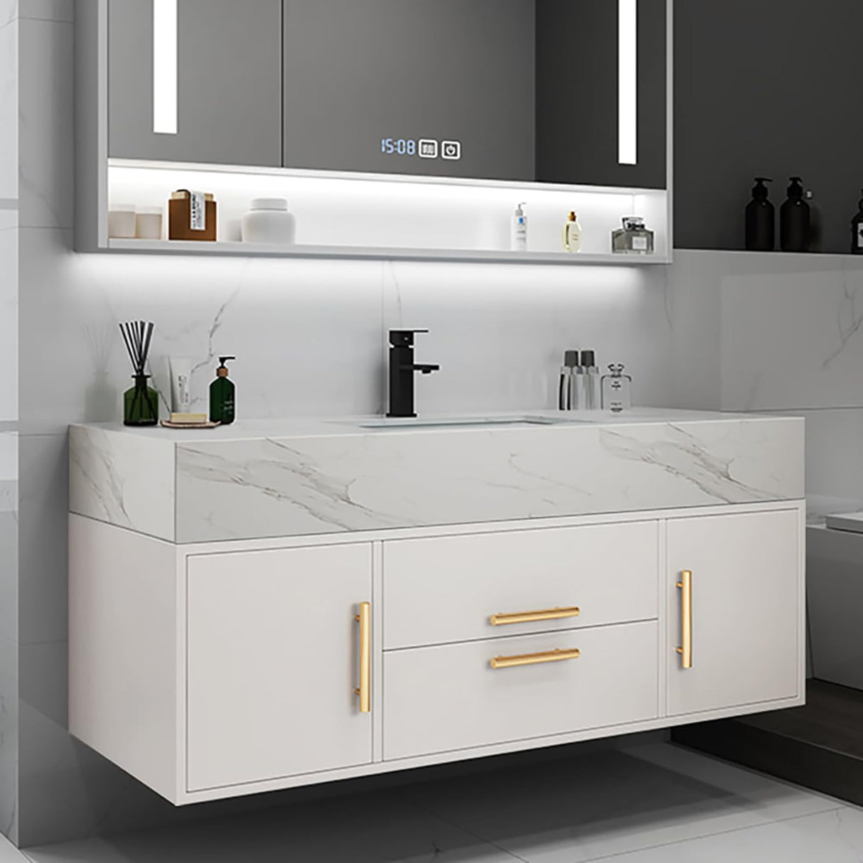 Weibath 39" White Floating Bathroom Vanity Set Stone Top Wall Mounted Bathroom Cabinet Weibath