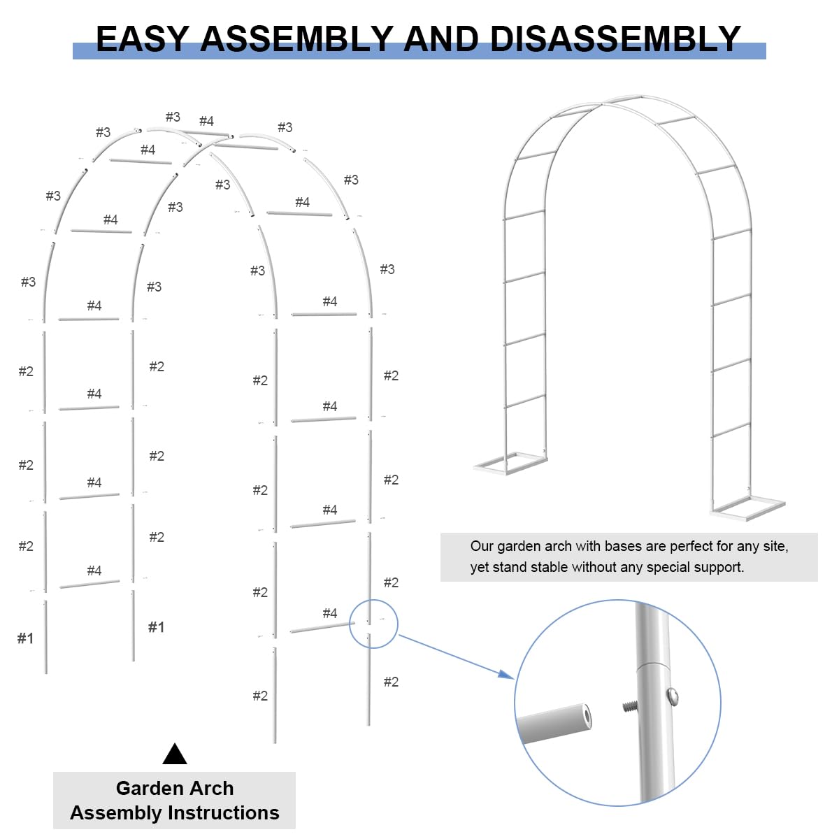 HEOMU Metal Garden Arch Trellis, 5.3 Feet Wide x 7.6 Feet High or 7.9 Feet Wide x 6.3 Feet High, Assemble Freely 2 Sizes, Garden Arbor for Climbing Plant Outdoor & Indoor, Wedding Party Bridal, White HEOMU