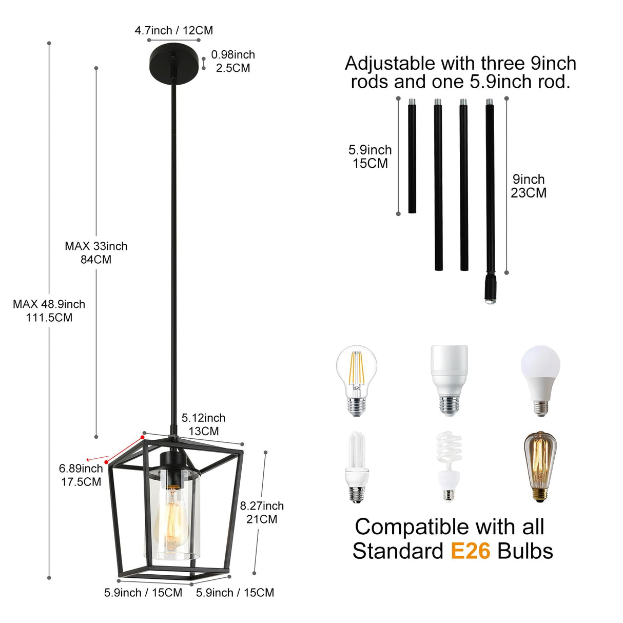 1-Light Black Pendant Light Fixture Farmhouse Iron Cage Metal Pendant Light Lantern Hanging Light Fixtures with Clear Glass Shade for Kitchen Island, Entryway, Dining Room, Hallway 5.9*5.9*8.27IN GZJunYo