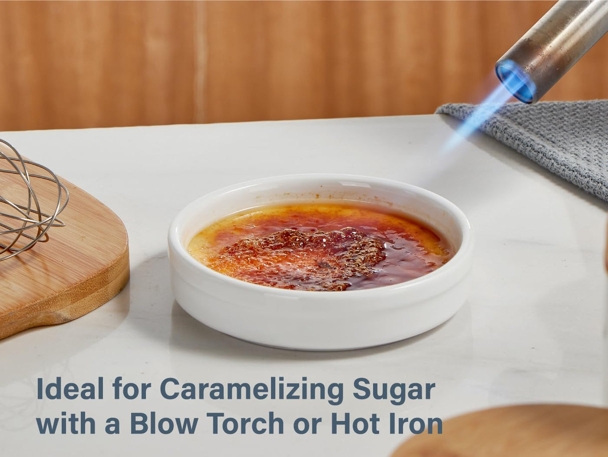 ONEMORE Ramekins 4 oz, Creme Brulee Ramekins Oven Safe Ceramic Shallow Souffle Dishes for Baking Custard, Mini Pies, Puddings and Dipping Sauces 4.5 inch White Mini Round Quiche Pans Set of 6 ONEMORE