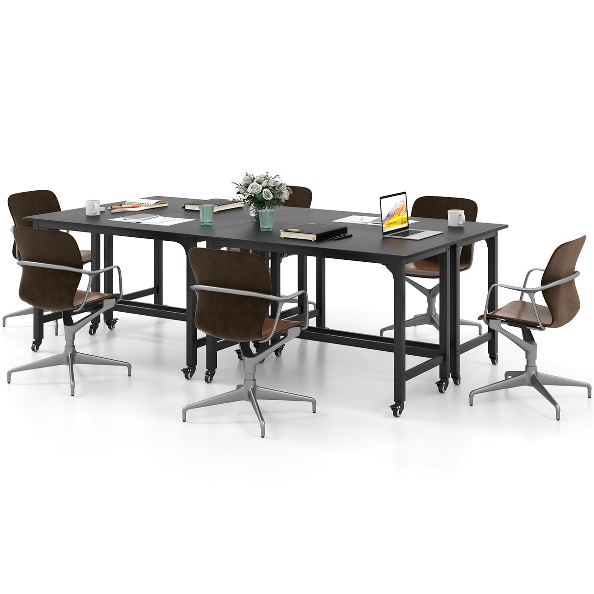 Giantex 8FT Conference Table, 4 PCS 48" Rectangular Mobile Meeting Room Desk with Removable Storage Bag & 2 Hanging Hooks, Rolling Modern Seminar Boardroom Table for Office Conference Room, Black Giantex