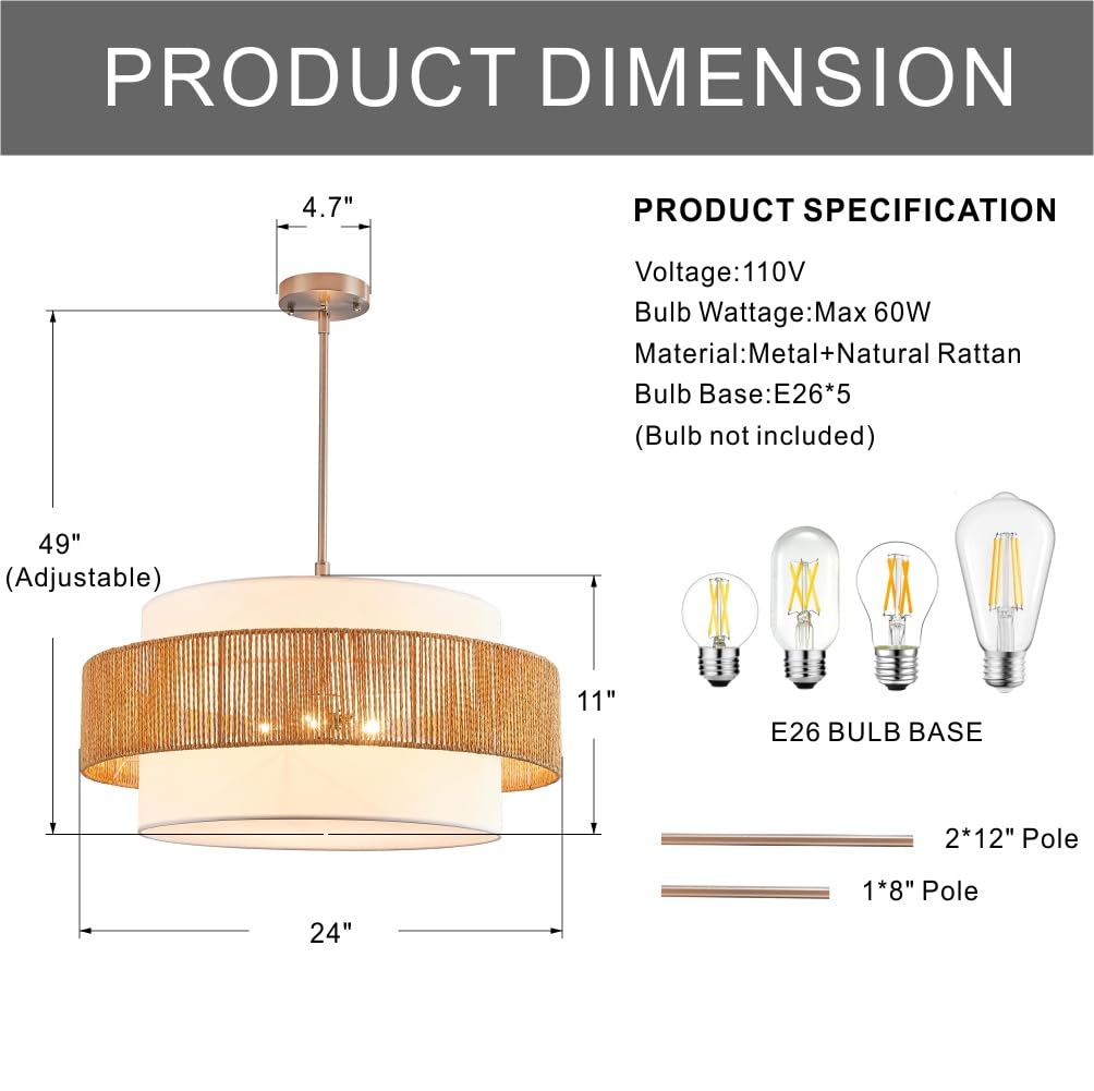 24'' Rattan Large Drum Chandeliers Light Fixtures,5 Light Boho Pendant Light Farmhouse Rustic Hand Woven Lighting for Dining Room Kitchen Island Living Room Bedroom,Brushed Nickel Finish Metal TELAFLY