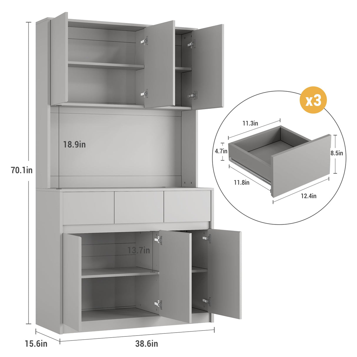 GarveeHome 71" Kitchen Pantry Cabinet, Kitchen Hutch Storage with Led Lights and Power Outlets, Buffet Cabinet with Microwave Stand, Adjustable Shelves, Handless Design, Grey GarveeHome