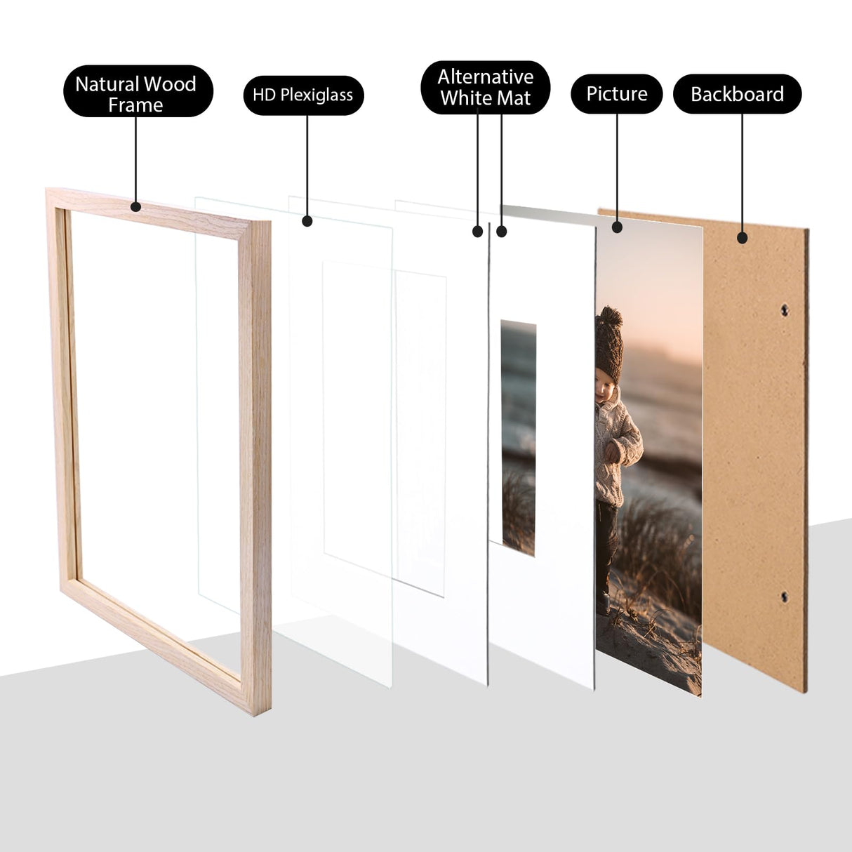 KINLINK 8x10 Picture Frames Natural Wood Frames with Acrylic Plexiglass for Pictures 4x6/5x7 with Mat or 8x10 without Mat, Tabletop and Wall Mounting Display, Set of 4 KINLINK