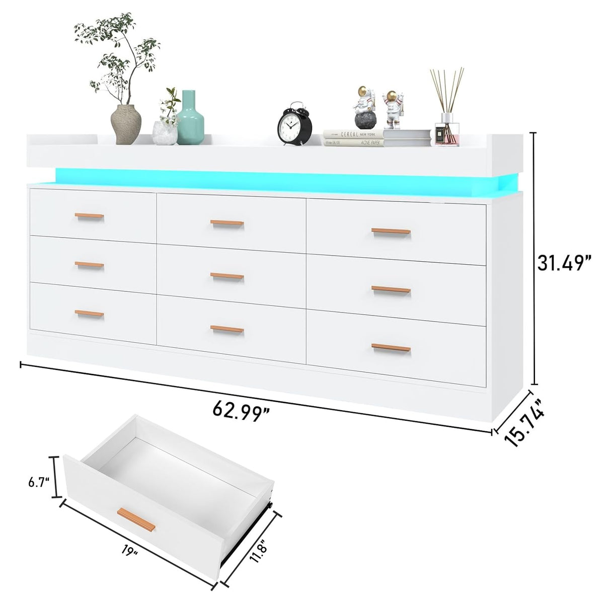 Hlivelood 9 Drawer Dresser with LED Light and Charging Station, Modern Chest of Drawers for Closet, Wide Drawer Organizer Cabinet for Bedroom, Living Room, Entryway, Hallway(9 Drawer White) Hlivelood