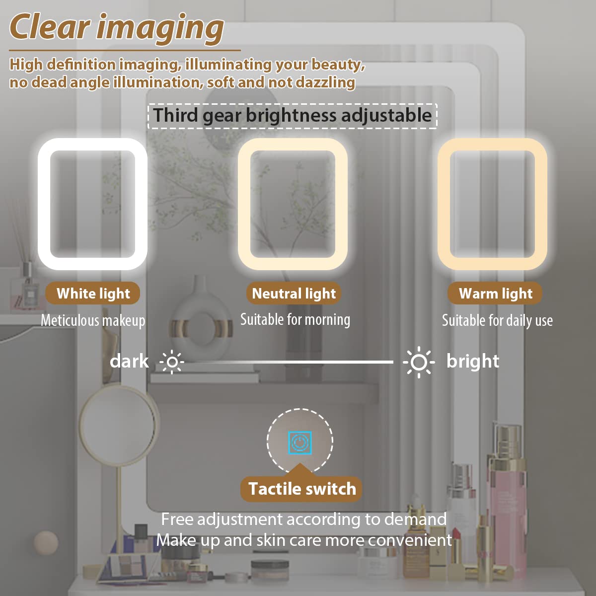 AGOTENI Small Vanity Table Makeup Vanity Dressing Table with Mirror, 4 Drawers & Shelves, Dressing Desk and Cushioned Stool Set (White/Grey, Slidding Lighted Mirror) AGOTENI