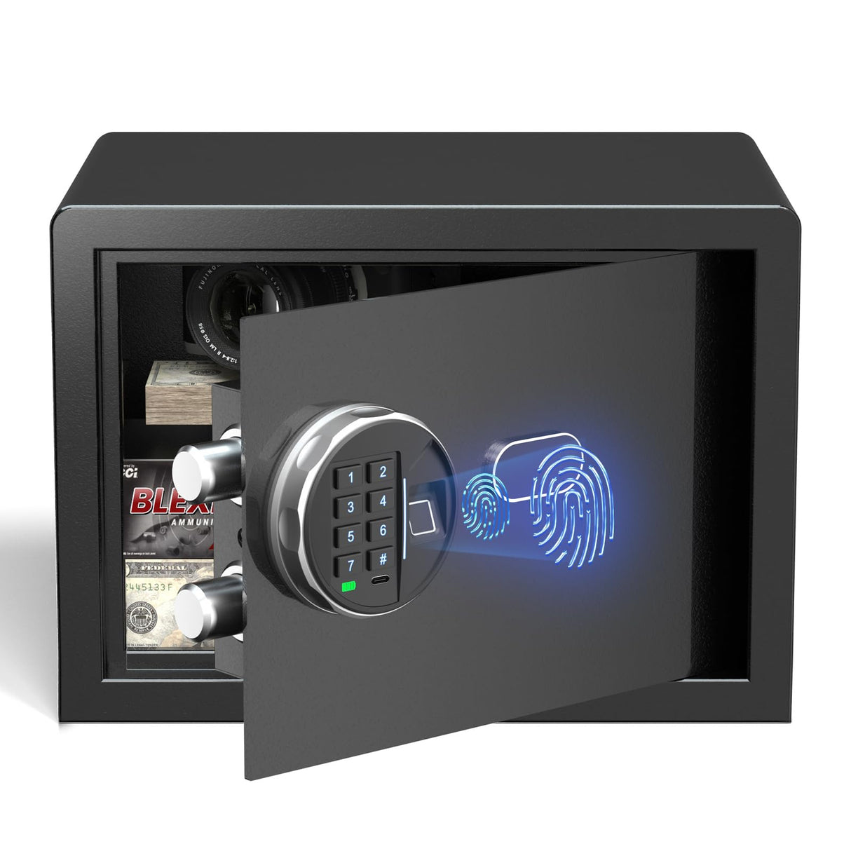 Grimtron Smart Biometric Safe - (0.80 cu. ft.) Fingerprint Lock Box with Silent Mode, Backlit Keypad and LED Light, Small Caja Fuerte with Anti-Rust and Anti-Theft Grimtron