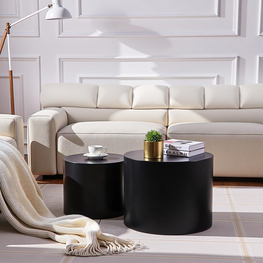 Nesting Coffee Table Set of 2, Modern Round Coffee Table with Non-Slip Feet, Wooden Circle Accent Tables for Small Spaces Living Room Bedroom Balcony Office Drum Side Table (Black) ivoros