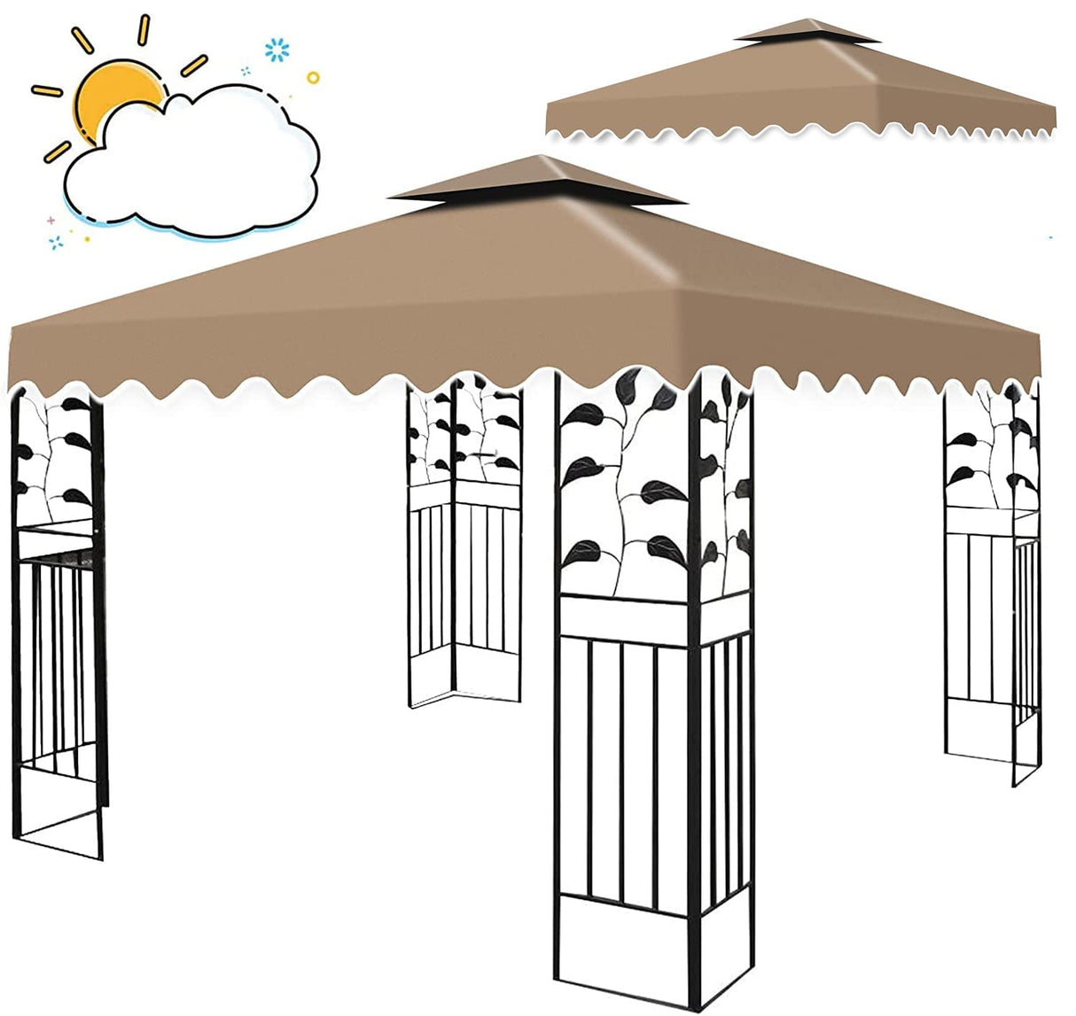 10'X10' Gazebo Canopy Top Replacement, Double Tier Gazebo Canopy Replacement Top Cover with Air Vent, Grill Gazebo Top Roof for Shop Garden Patio Yard Outdoor, Pavilion Cover Sunshade (Khaki A) Qdreclod