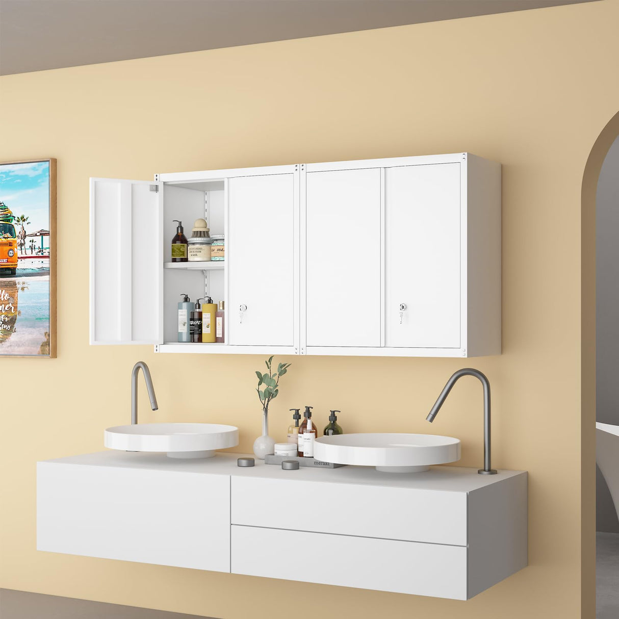 LUCYPAL Metal Wall Storage Cabinet with Shelves,Garage Wall Mounted Steel Storage Cabinet with Locking Doors for Garage,Home,Office,Kitchen,White LUCYPAL