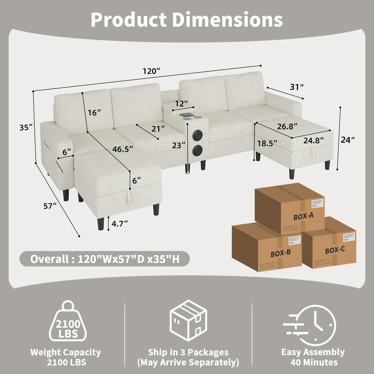 ZSDT Sectional Couches for Living Room, 6 Seat Sectional Sofa Smart Module-Bluetooth Speaker/RGB Light/Charging Station, Chenille U Shaped Couch with 2 Movable Storage Ottomans (Beige) ZSDT