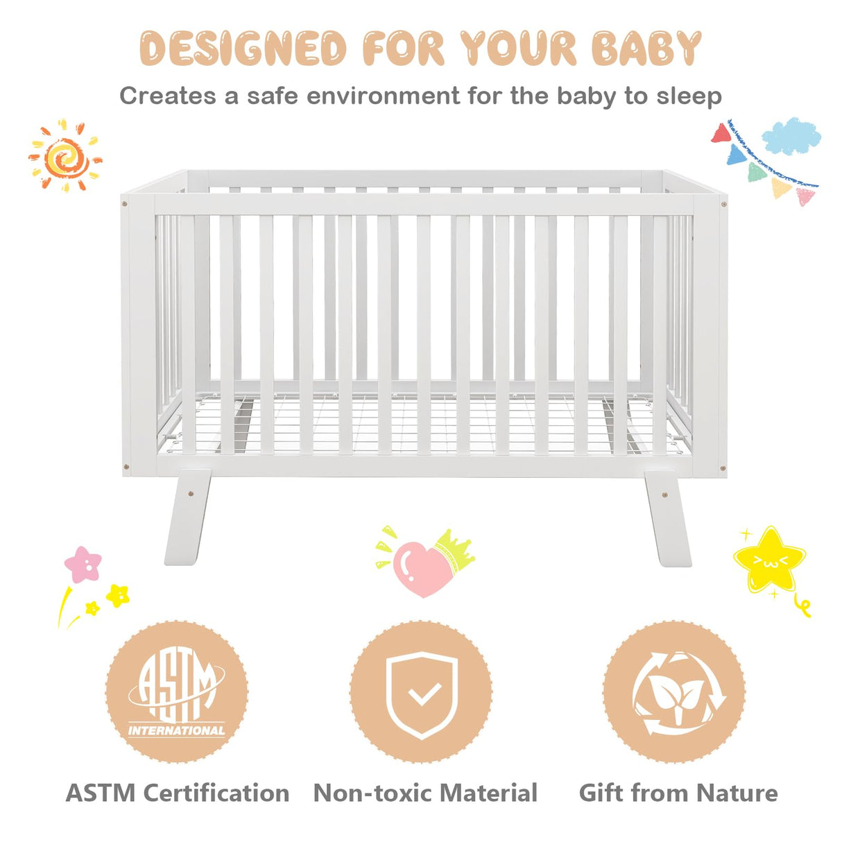 BABY JOY Wooden Baby Crib, Rubber Wood Mini Crib w/ 3-Height Adjustable Mattress Support Base & Full-Length Guardrails, Toddler Bedroom Furniture Fence Bed (White) BABY JOY