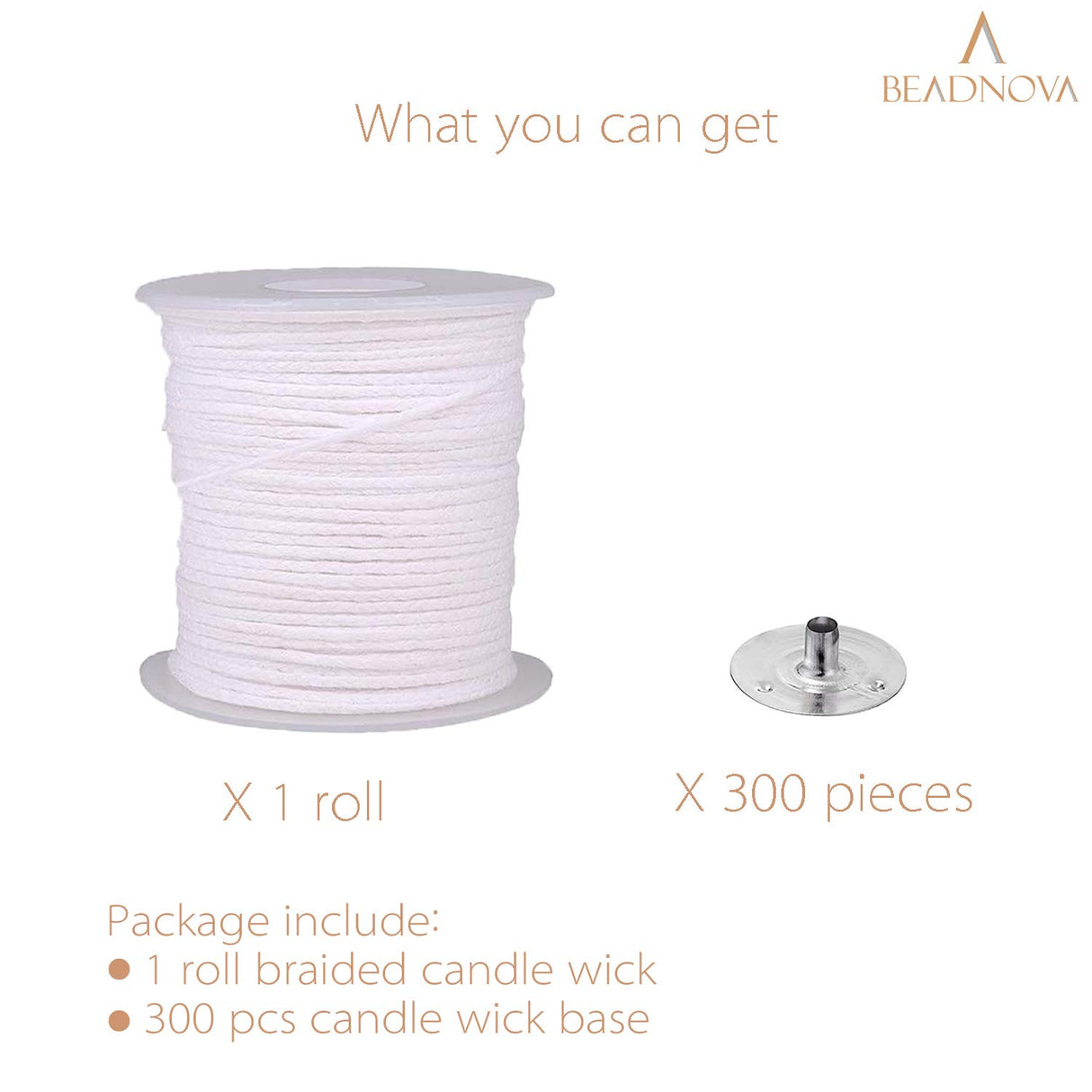 BEADNOVA Braided Candle Wick Spool with Base Set 200 ft Cotton Candle String Roll and 300pcs Wick Clips Sustainer Tabs for Making DIY BEADNOVA