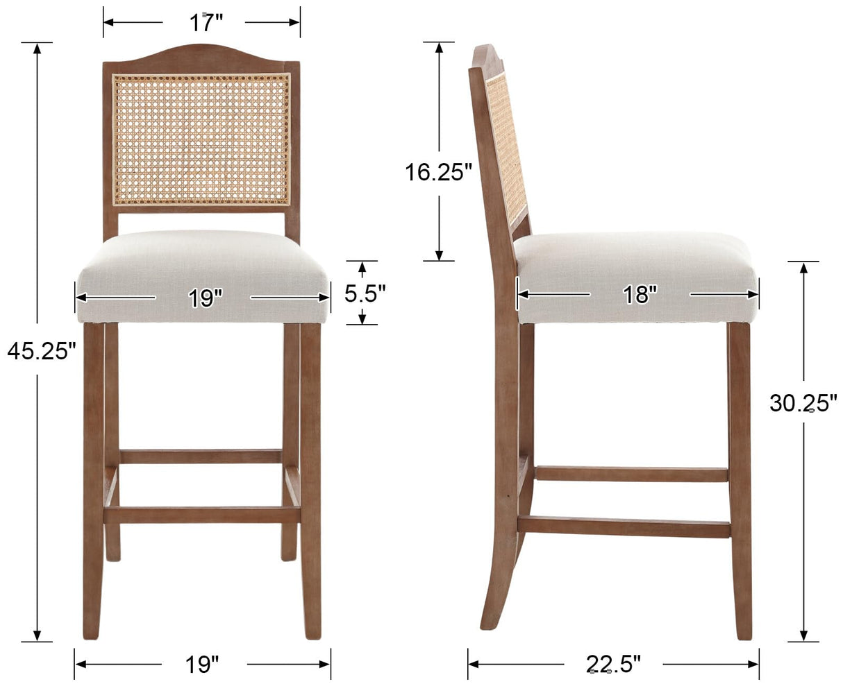 EALSON Counter Height Bar Stools Set of 2 Farmhouse Barstools with Rattan Back Linen Upholstered Bar Chairs Mid Century Wood Breakfast Bar Stool Chairs for Kitchen Island, 30 Inch Beige EALSON