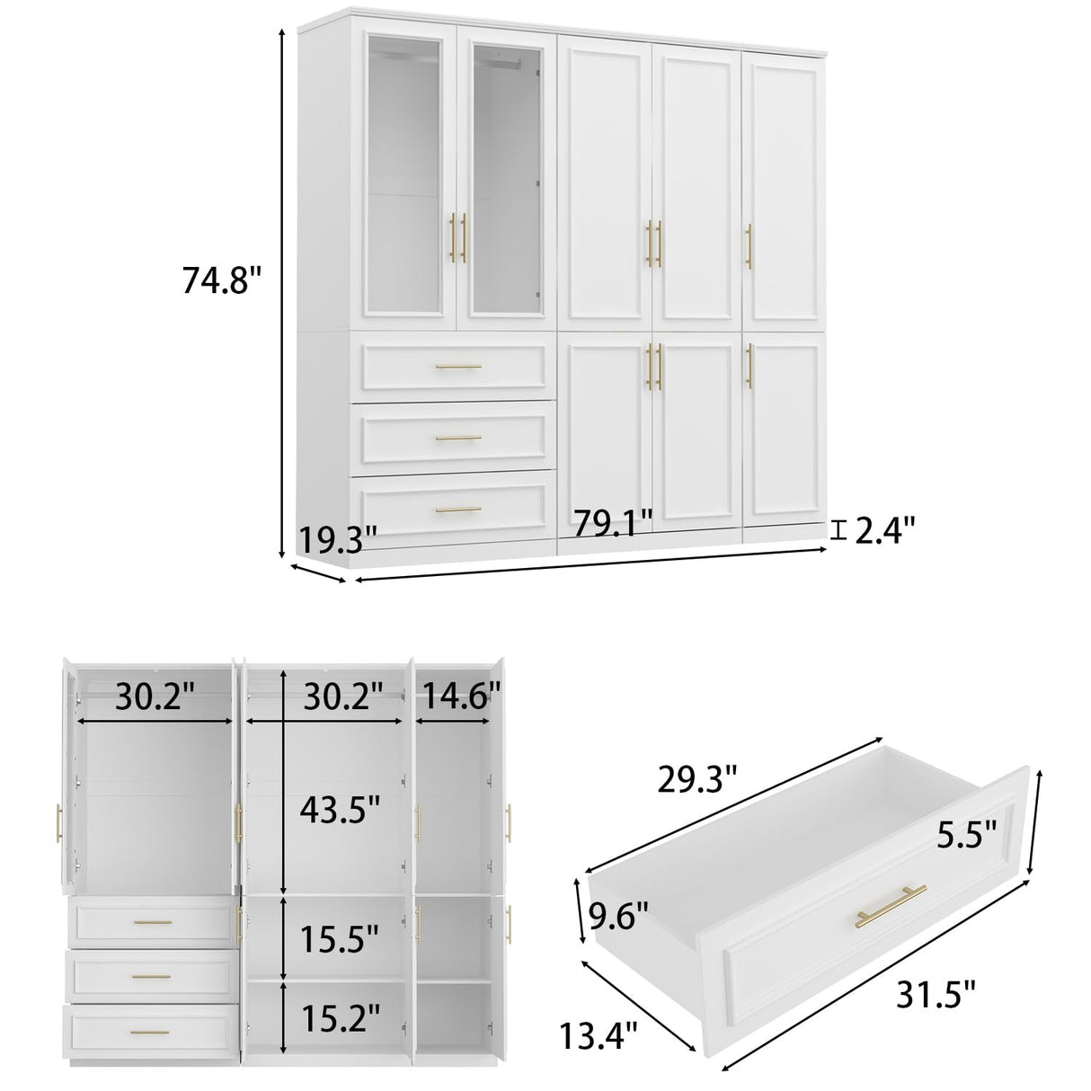 MOUMON Modern Wardrobe Cabinet with 8 Doors and Hanging Rods, White Wardrobe Armoire Closet with Gold Handles, Wardrobe with Glass Doors and 3 Drawers, for Bedroom Cloakroom, 19.3”D x 79.1”W x 74.8”H MOUMON