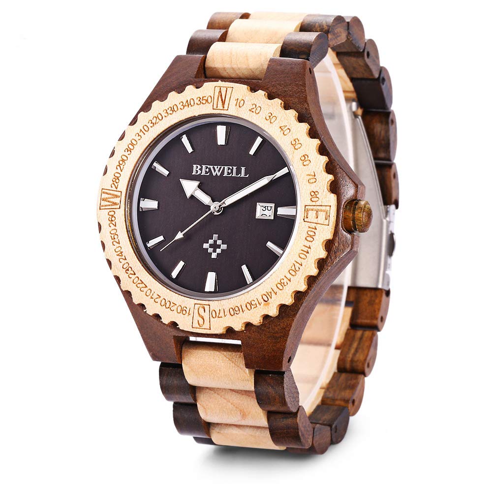 BEWELL ZS-W023A Mens Wooden Watch Quartz Movement Lightweight Handmade Calendar Analog Wrist Watch BEWELL