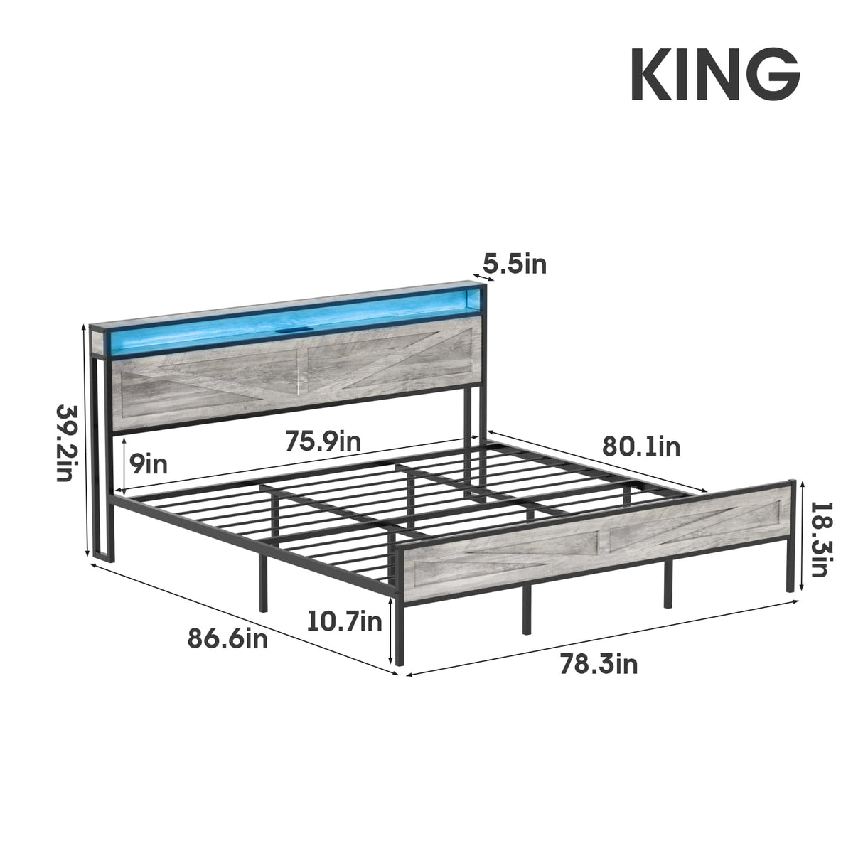 Halitaa King Size LED Bed Frame with Charging Station and Storage - Wash Grey Halitaa