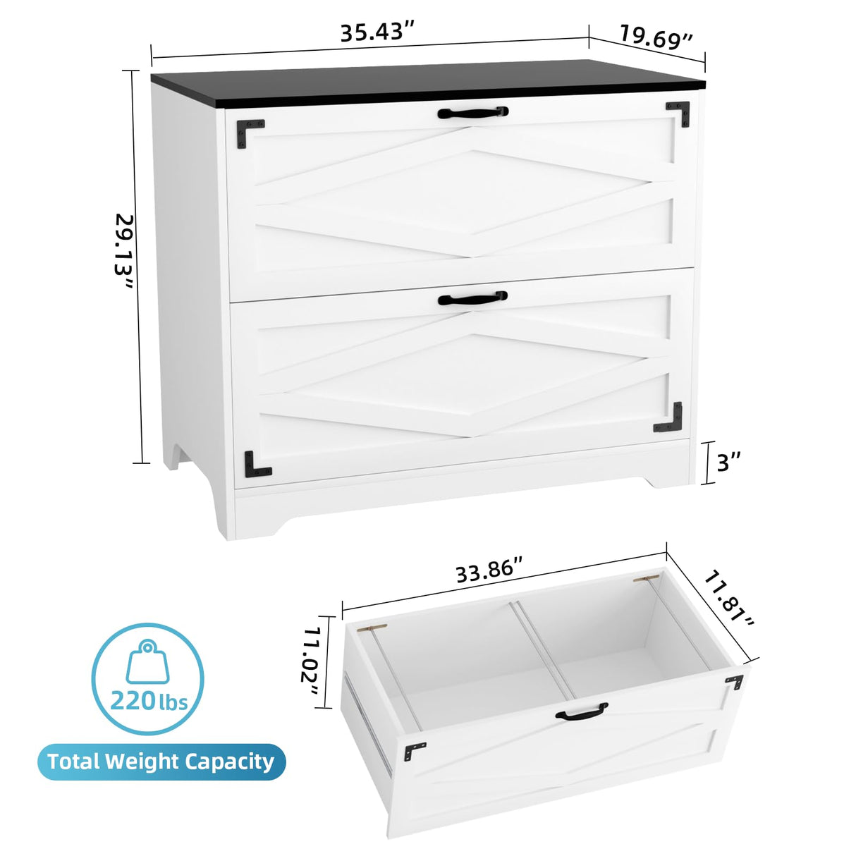 VOWNER 2 Drawer Farmhouse File Cabinet, Wood Lateral Filing Cabinet for Home Office, Large File Storage Printer Stand for A4/Letter Size Files, with Anti-tilt Mechanism, 35" W x 20" D x 29" H, White VOWNER