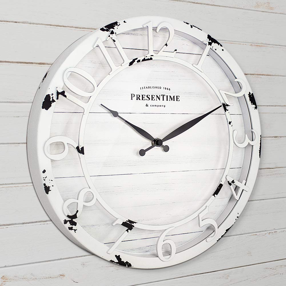 Presentime & Co 13" Farmhouse Series Wall Clock, Quartz Movement, Shiplap Style, Raised 3D Arabic Numeral, Antique Distressed White Presentime