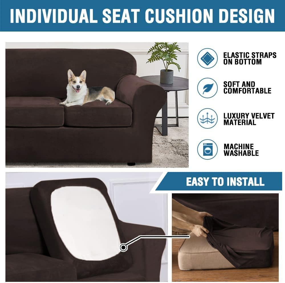 H.VERSAILTEX Modern Velvet Plush 4 Piece High Stretch Sofa Slipcover Sofa Cover Furniture Protector Form Fit Luxury Thick Velvet Sofa Cover for 3 Cushion Couch Width Up to 90 Inch (Sofa,Brown) H.VERSAILTEX