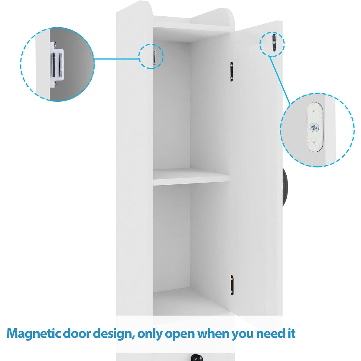 Bathroom Cabinet with Adjustable Shelf, Storage Cabinet for Small Space, Tall Cabinet with Retractable Toilet Paper Rod, Narrow Cabinet with 2 Doors, 8 Compartments (White) Maupvit
