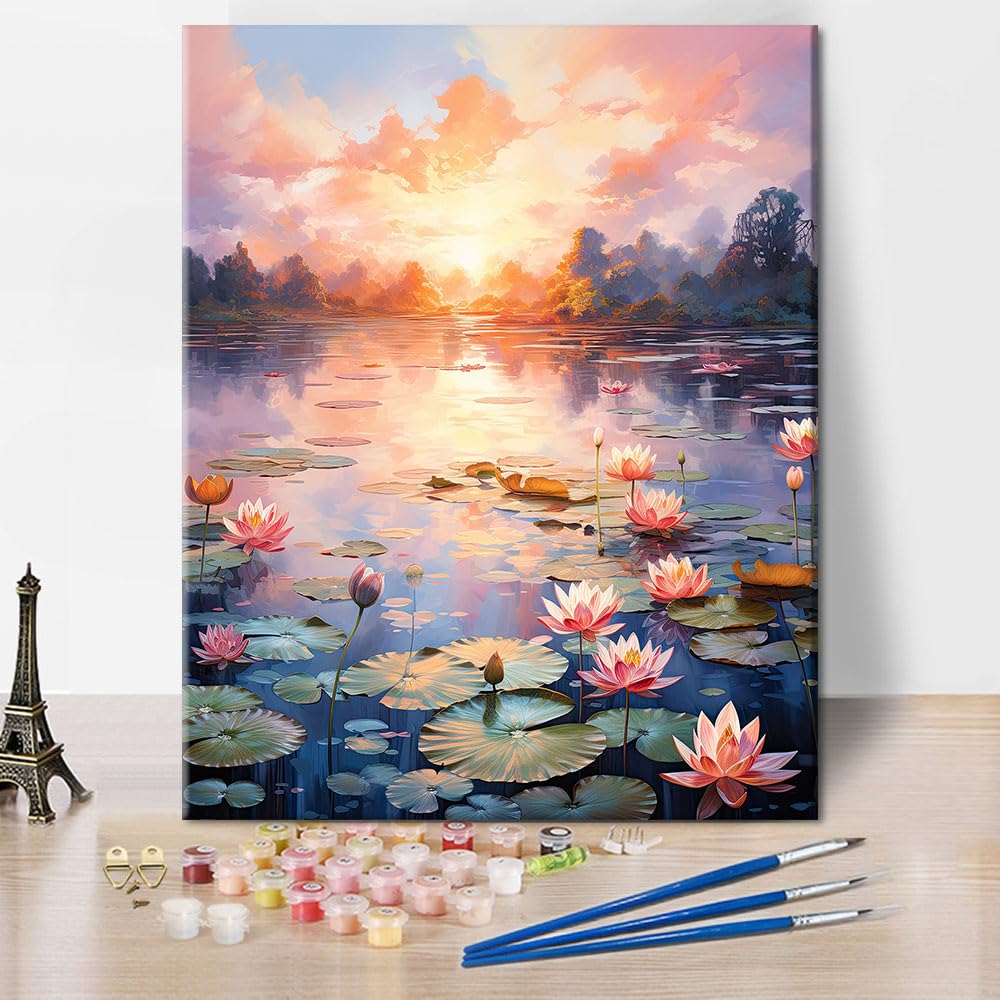 Water Lilies Painting by Numbers for Adults, Paint by Number Kit, Sunset Over The Lake Paint by Numbers Kit for Adults Beginner, Frameless Paints by Number for Gift Home Wall Decor TUMOVO