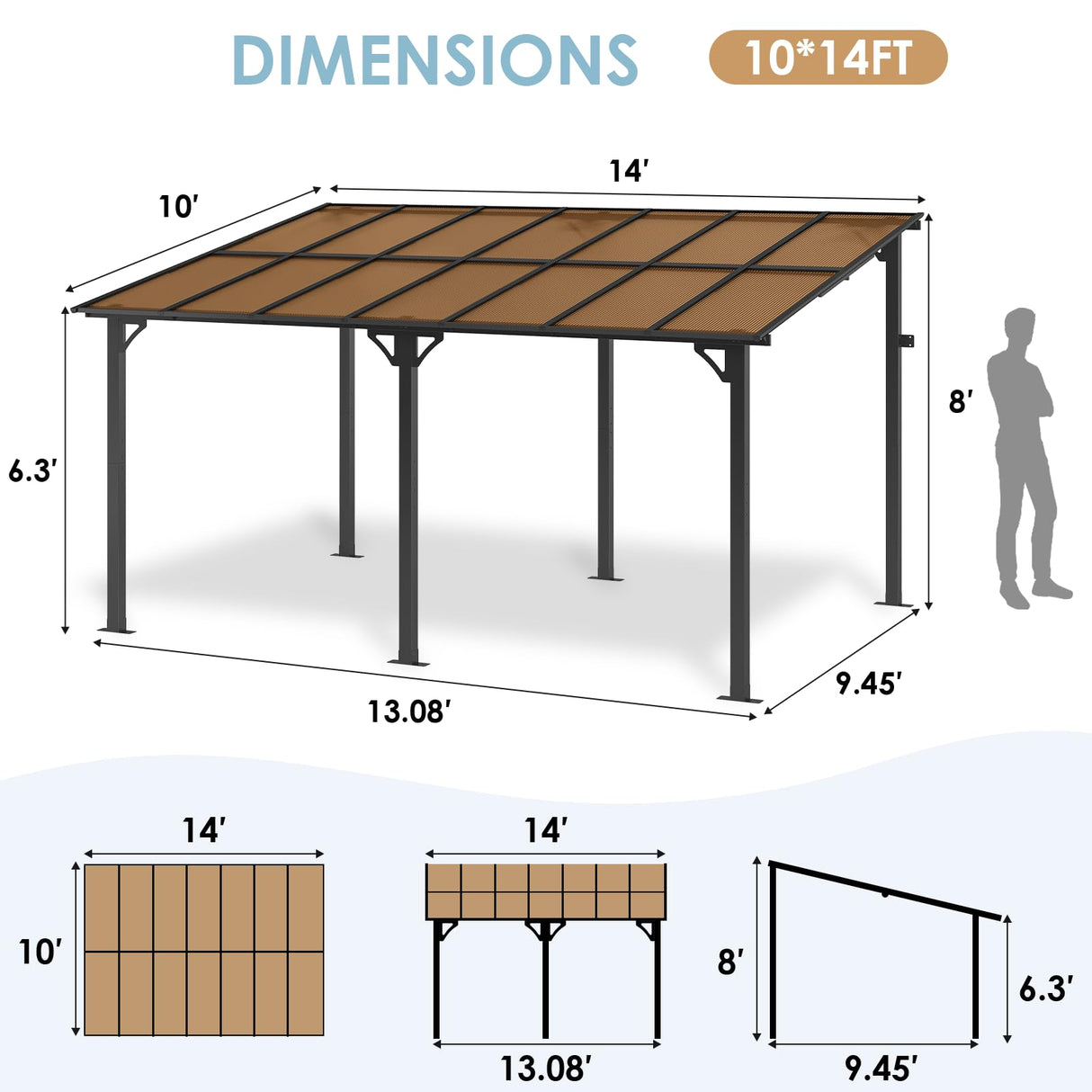 TLSUNNY 14' X 10' Gazebo for Patio with Sloped Roof, Large Wall-Mounted Heavy Duty Patio Awning, Hardtop Outdoor Aluminum Pergola, Metal Frame, for Backyard, Porch, Deck, Lawn TLSUNNY