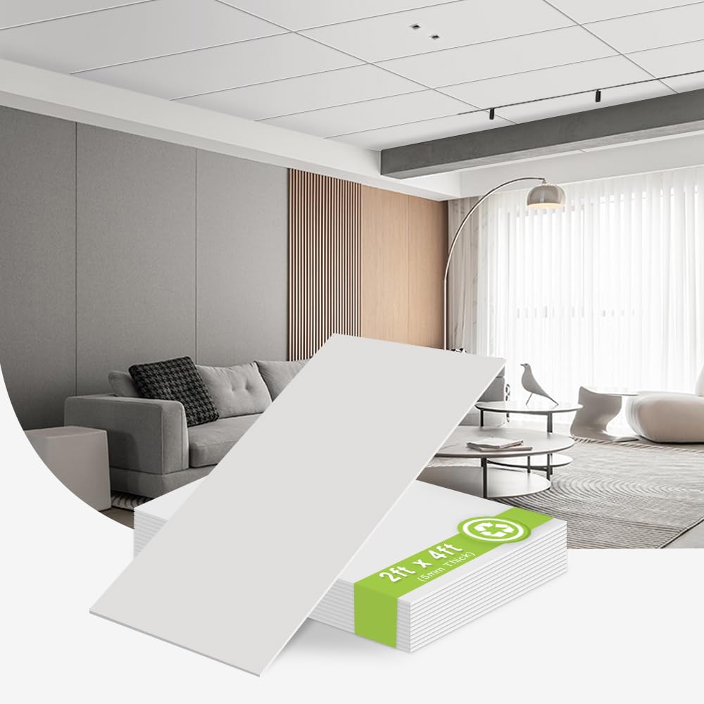 Noooza 2ft x 4ft Drop Ceiling Tiles,Smooth White PVC Ceiling Panel 24 x 48in. Waterproof, Washable and Fire-Rated - Reusable - High-Grade PVC to Prevent Breakage-Package of 10 Tiles Noooza