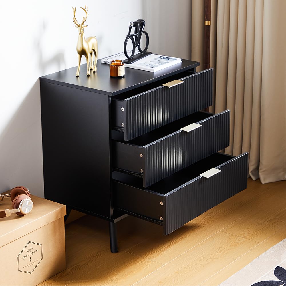 affeivul Mid Century Modern Dresser, 3 Drawer Dresser for Bedroom Wood, Small Nightstand with Drawers and Solid Wood Legs, Tall Side Table with Drawers for Living Room, Closet, Nursery (Black) affeivul