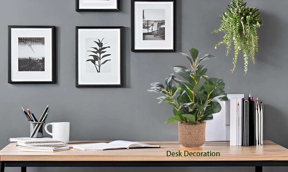 12.6" Fake Plants in Brown Ceramic Vase Real Looking and Touching Evergreen Ficus Leaf Faux Plant Indoor for Book Shelf Bathroom Office Desk Kitchen Counter Bedroom Small Space Artificial Plant Decor Ewtogift