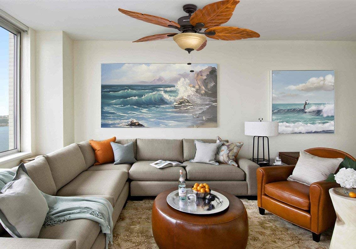 Honeywell Ceiling Fans Royal Palm, 52 Inch Tropical LED Ceiling Fan with Light, Pull Chain, Three Mounting Options, Hand Carved Solid Wood Blades - 50204-01 (Bronze) Honeywell Ceiling Fans