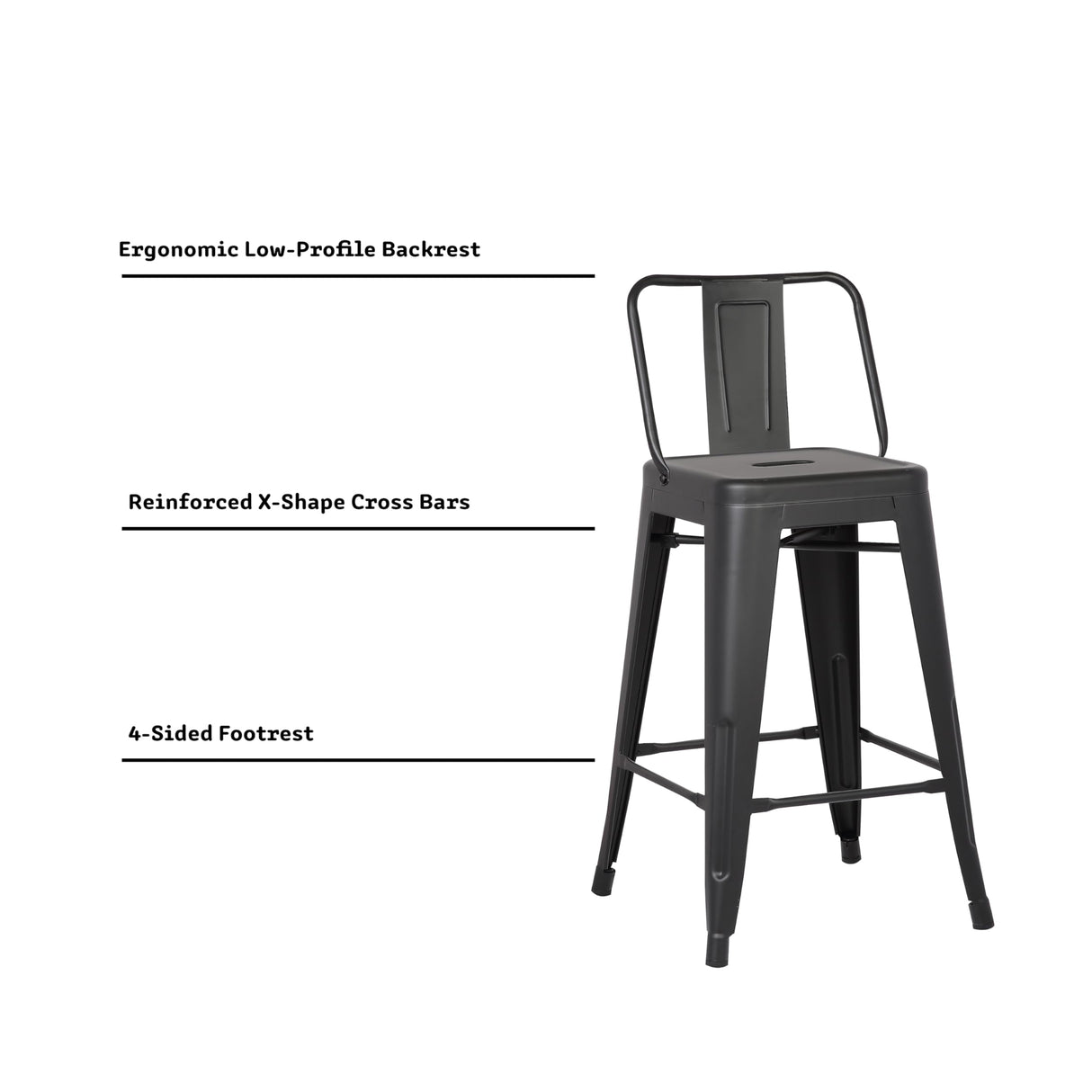 AC Pacific 24” Metal Barstool Set of 2 – Country Rustic Style with Low Back, Lightweight & Sturdy Build, Easy Assembly – Matte Black AC Pacific