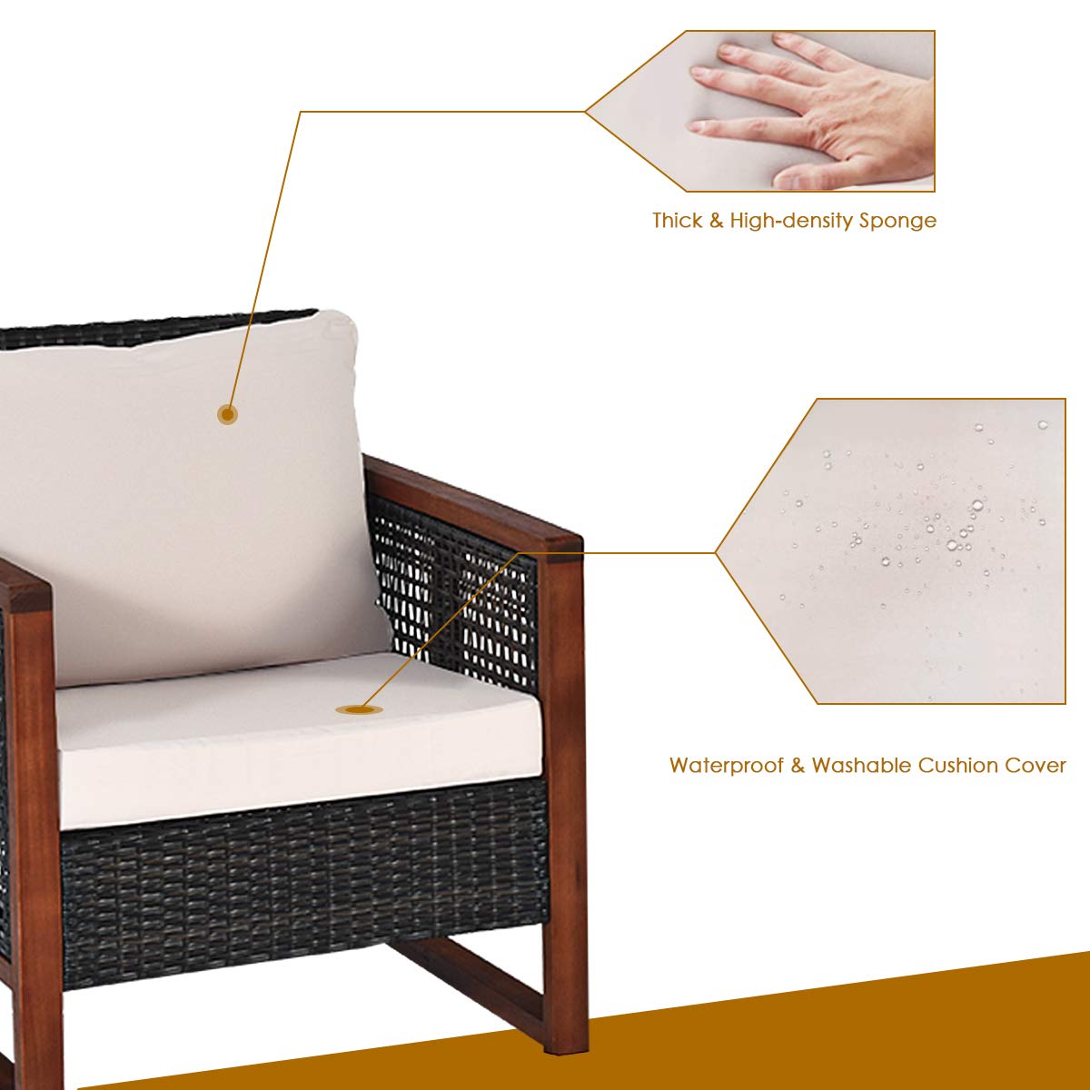 HAPPYGRILL 3 Pieces Outdoor Patio Furniture Set Wicker Chairs with Coffee Table, Balcony Porch Furniture Bistro Set with Wood Frame and Washable Cushions for Garden Poolside Backyard HAPPYGRILL