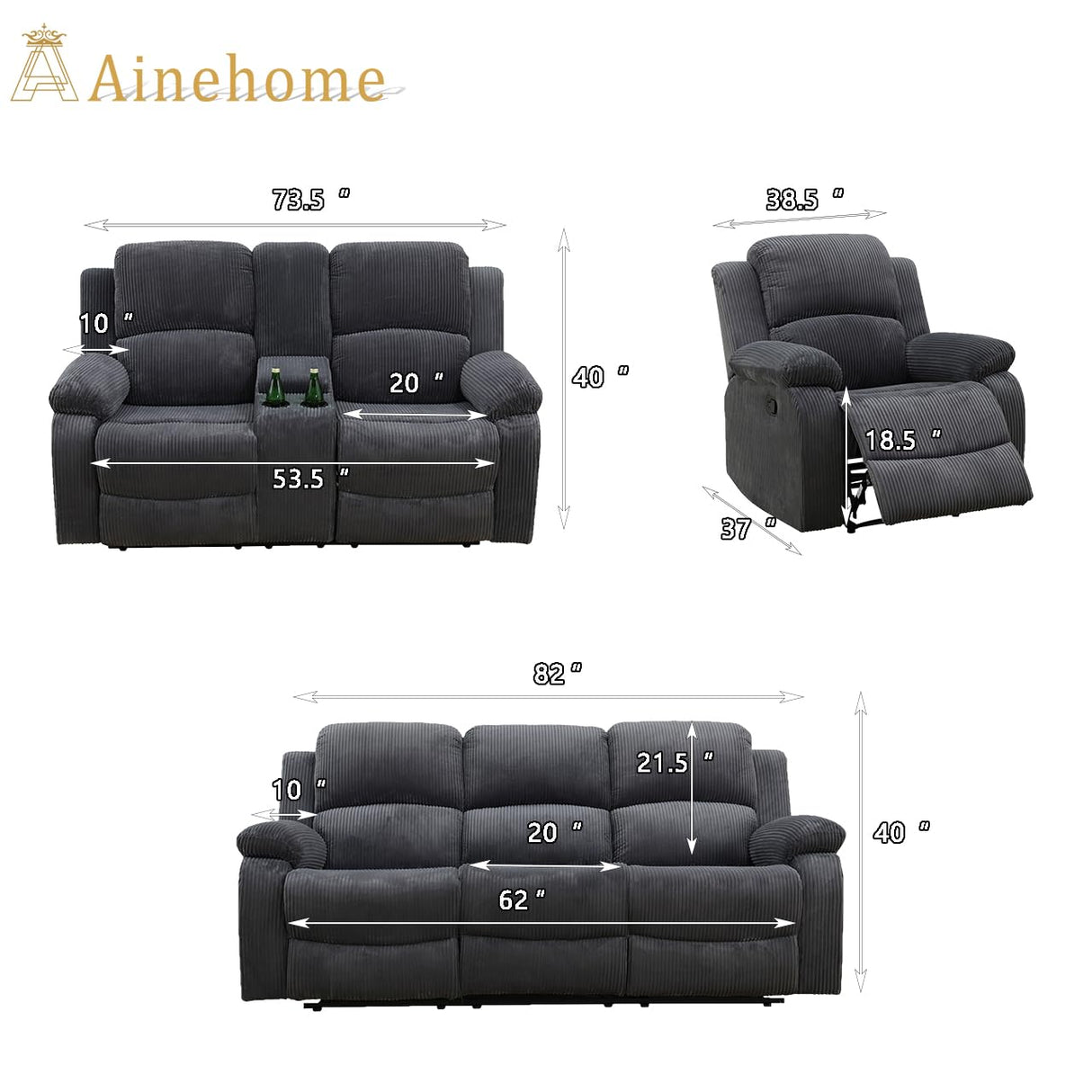 A Ainehome Living Room Furniture Set Recliner Sofa Set Loveseat Chair Furniture Sofa Set Grey Corduroy for Living Room/Rv/House/Theater Seating (A-Dark Grey Corduroy, 3 piece set) A Ainehome