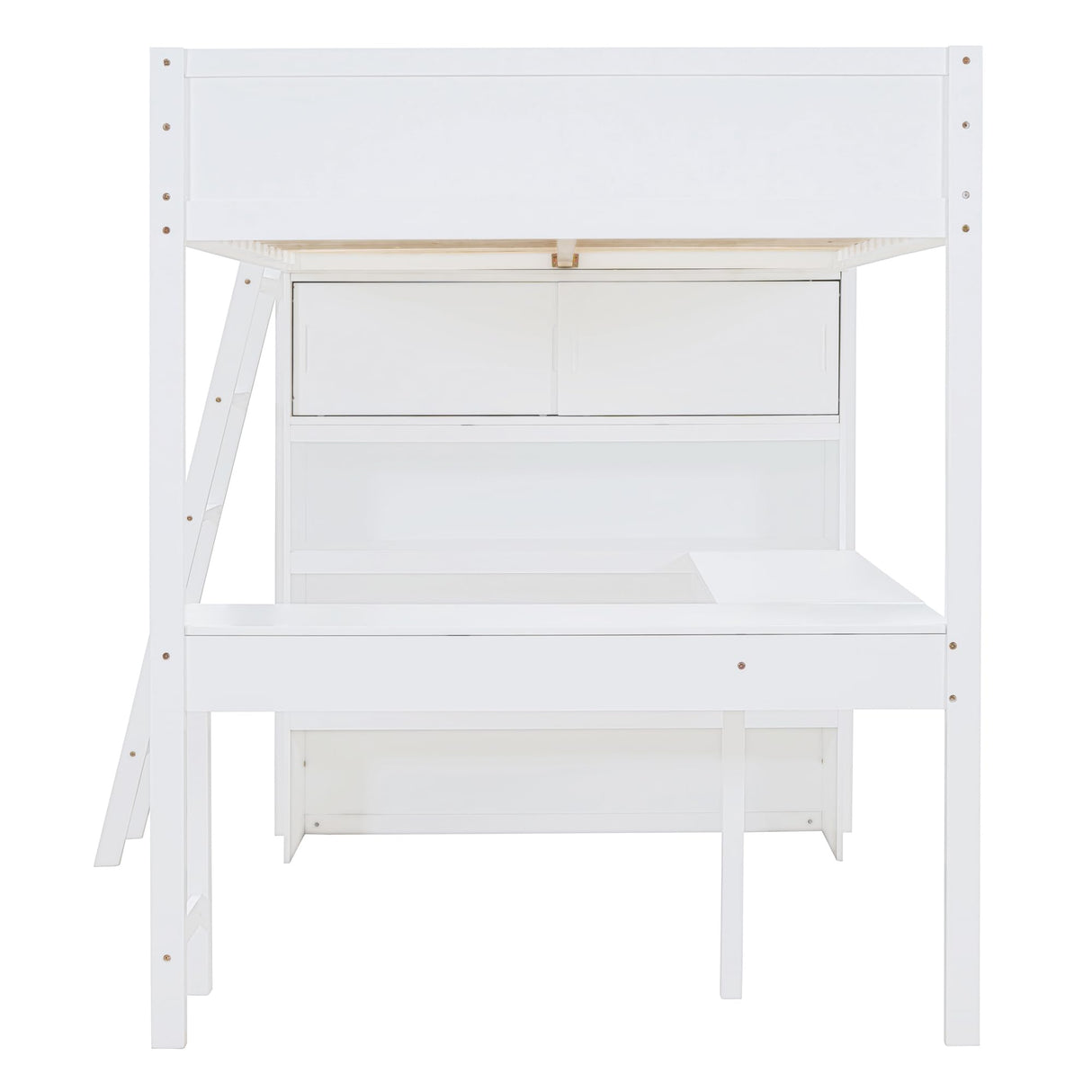 Merax White Full Loft Bed with Integrated Desk and Bookshelf – Space-Saving Solid Pine Design Merax