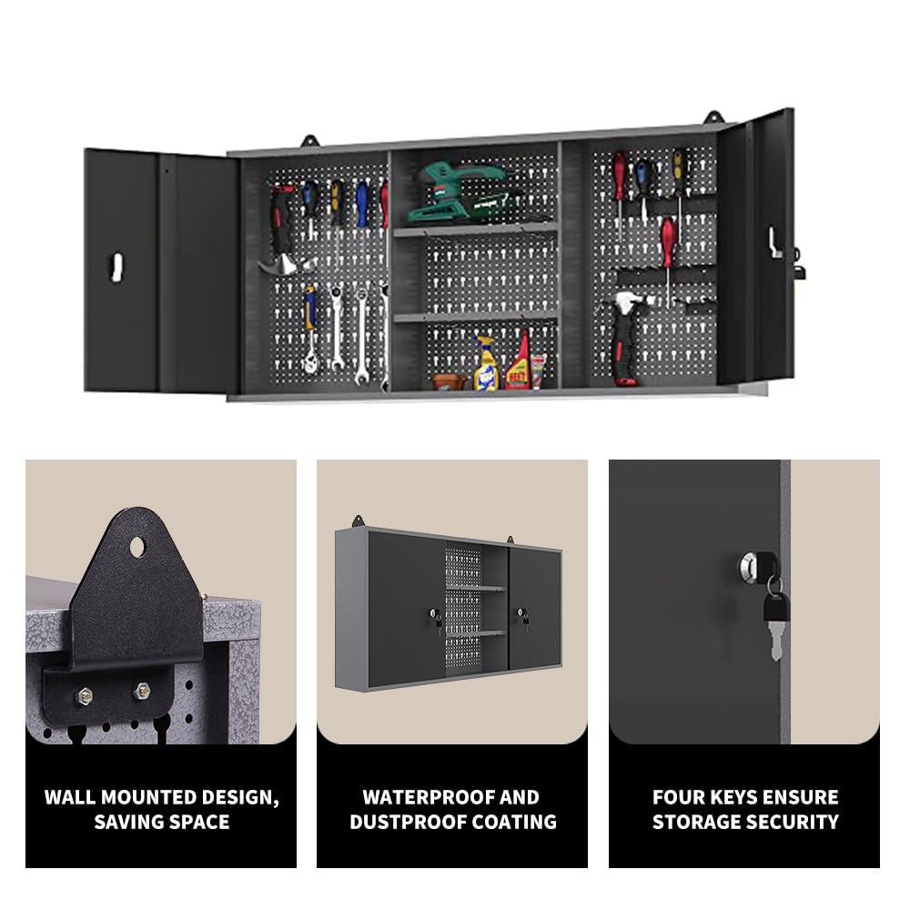 Industrial Steel Garage Storage Cabinet System, Included Pegboard Wall Cabinet Wood Table Top, for Auto Repair Shops, Utility Room JZD