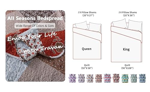 Travan Floral Printed Quilt Sets 3-Piece Super Soft Lightweight Queen Size Bedspread with Shams Reversible Quilted Bedding Set, Red, Queen Travan