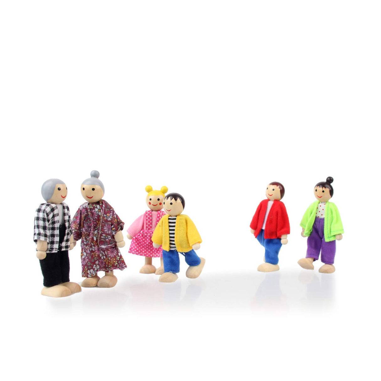 Wooden Dollhouse People, 6 Family Figures Miniature Doll House, Wooden Doll House Family Dress-up Characters Grandpa, Grandma, Mom, Dad, Boy and Girl Hvogvok
