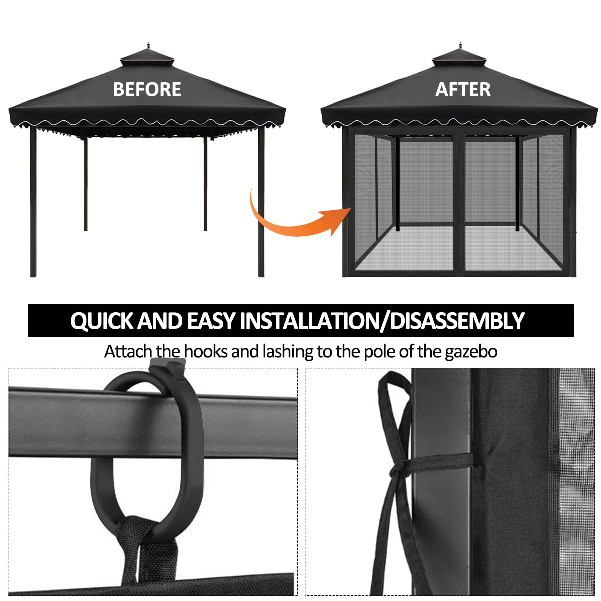 Homegroove Replacement Mosquito Netting for 10x12ft Gazebo, Universal Mosquito Netting for Patio Garden Yard, 4-Panel Outdoor Mesh Netting Screen with Zipper, Upgraded Flame Retardant Material Black homegroove