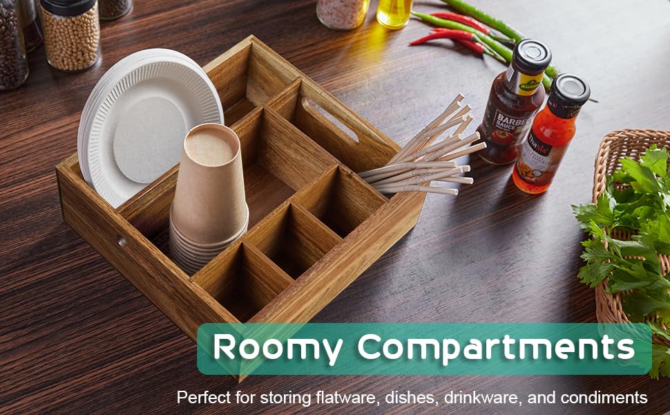 ALELION Acacia Wood Utensil Holder for Party - Paper Plate Organizer for Countertop - Silverware Caddy with 6 Compartments for Plate, Cup, Fork, Spoon - Cutlery Holder for Kitchen Camping Buffet ALELION