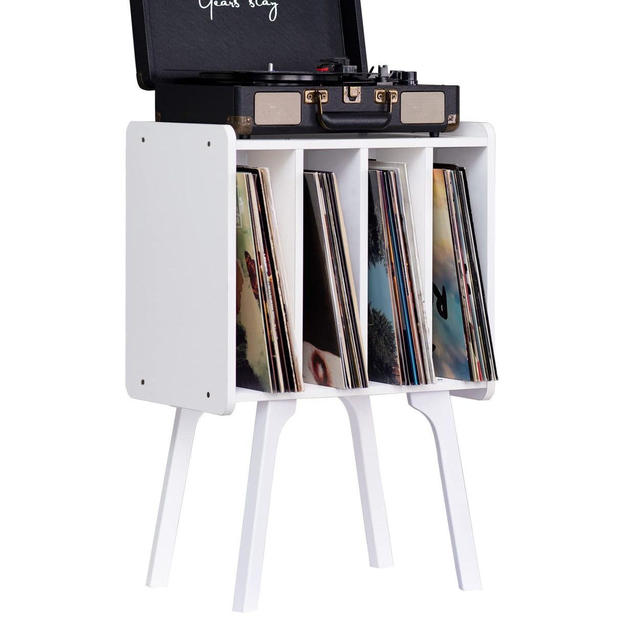LELELINKY Small Record Player Stand - Width 11.7 In, White Vinyl Record Storage Table with 4 Cabinet Up to 80 Albums, Vinyl Holder with Wood Legs,Turntable Stand Display Shelf for Bedroom Living Room LELELINKY