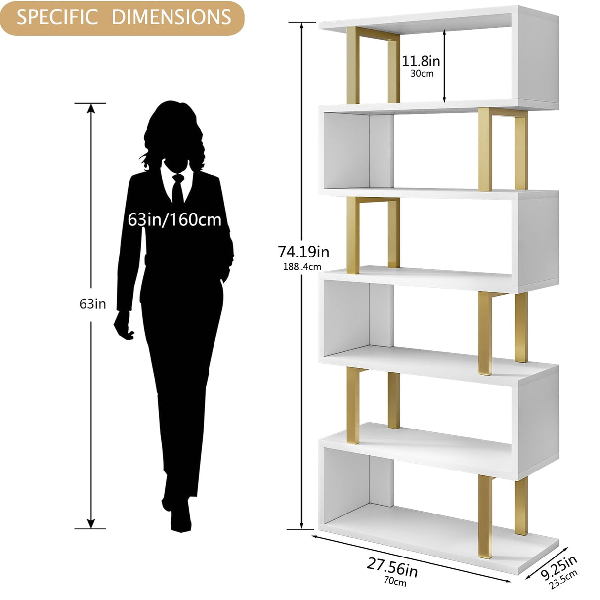 SORCEDAS Bookshelf Geometric Bookcase S Shaped Industrial Bookshelf Storage Display Stand Shelf for Living Room Bedroom and Office Room (White, 6 Tier) SORCEDAS