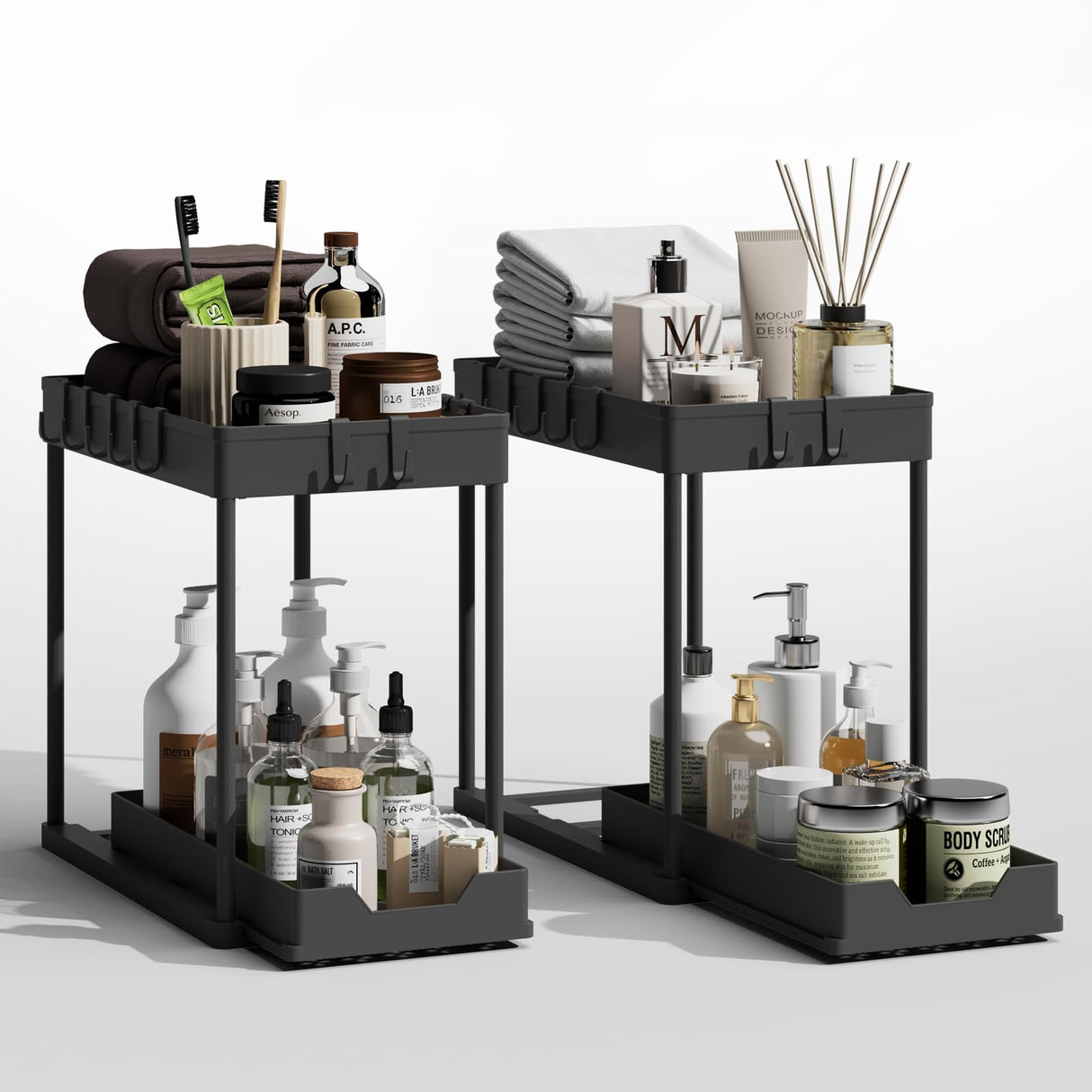 Meltrck Under Sink Organizer 2 Pack,Bathroom Under Cabinet Storage with Pull Out Sliding Drawers for Kitchen Organization,12.8 Inch,Black Meltrck