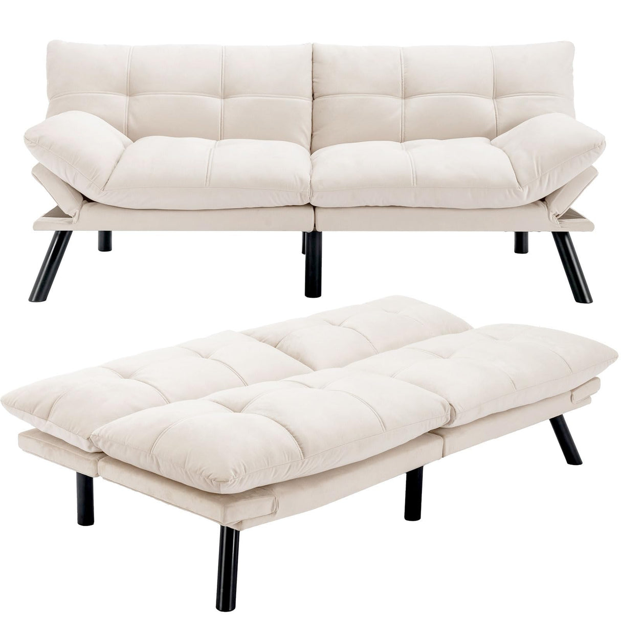 Velvet Convertible Futon Sofa Bed,71" Comfy Loveseat Sleeper Sofa with Adjustable Backrest Armrest, Strengthen Solid Wood, 7" Thicken Cushion, Small 2 Seater Twin Futon Couch for Living Room Bedroom Miscoos