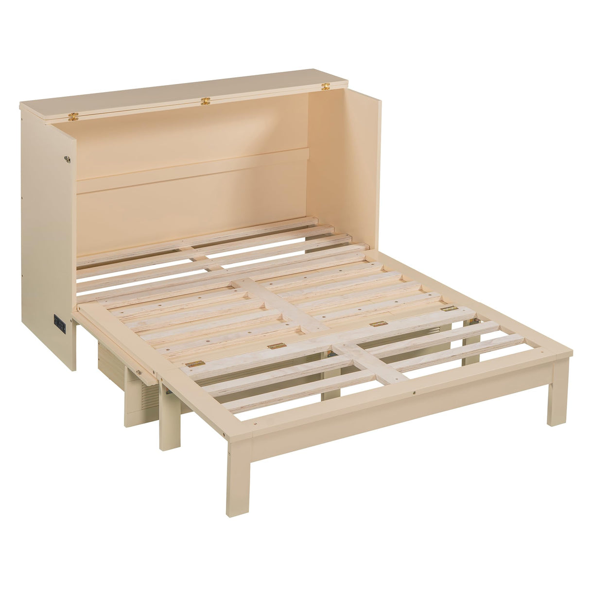 Ball & Cast Murphy Bed Full Size with Drawer and A Set of Sockets,Bedroom Folding Wall Cabinets Frame w/USB Ports & Pulley Structure Design,Hideaway Bed for Guest Room,Study,Office,Golden Ball & Cast