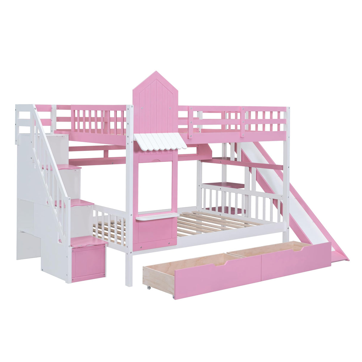 Kids Full Bunk Bed with Stairs and Slide, Wood Full Over Full Bunk Bed with Storage Drawers and Shelves, Castle Style Bunk Beds for Kids Teens Girls Boys, Pink Bellemave
